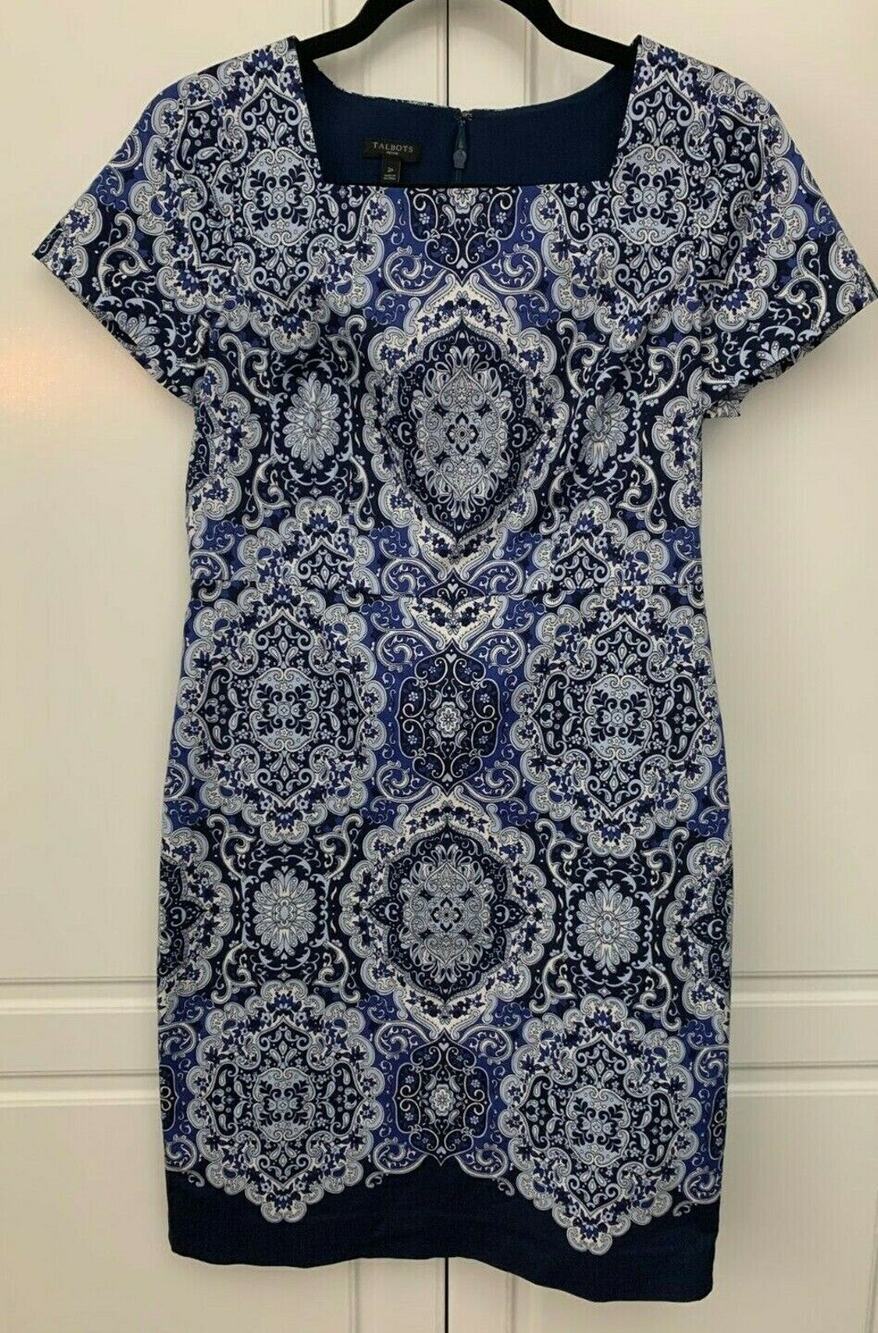 Talbots Petites Short Sleeve Blue Floral Paisley Sheath Dress Size 2P